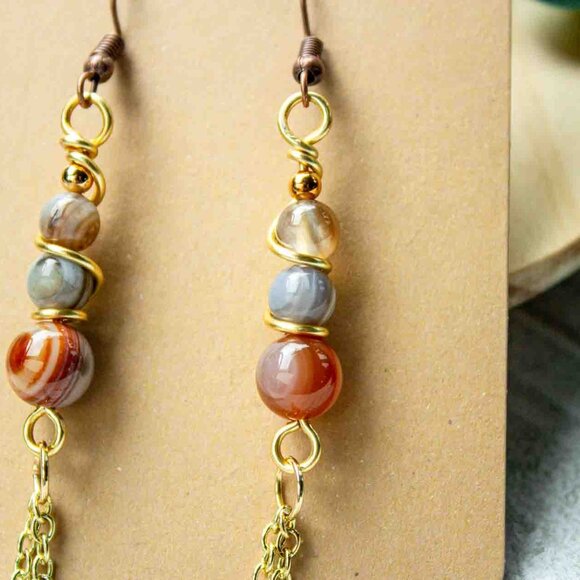 Elegant Three-Bead Multicolor Agate Dangle Earrings with 14k Gold Chain - Picture 7 of 9